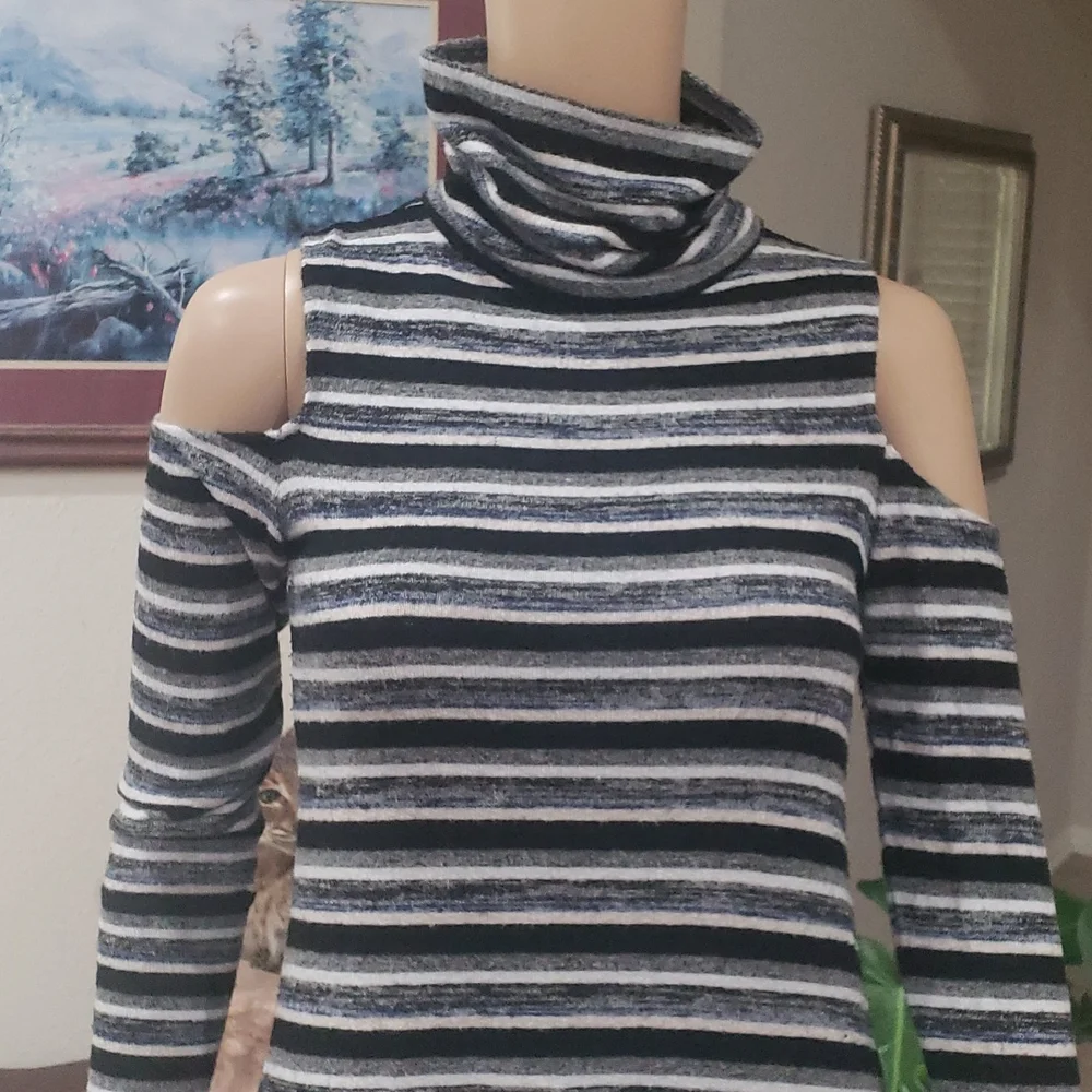 AE S soft & sexy cold shoulder mini sweater dress white and navy striped - Picture 3 of 9